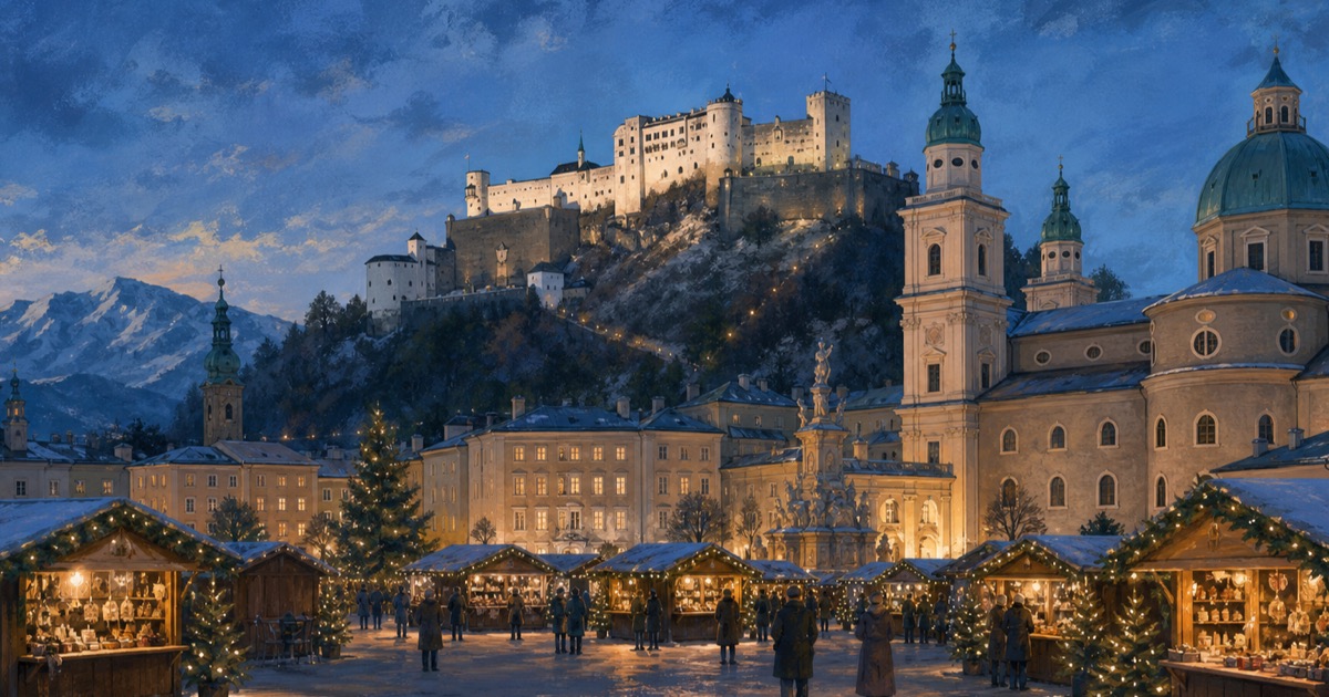 Redaktionelle Illustration des Salzburger Christkindlmarkts unter der Festung Hohensalzburg zur blauen Stunde